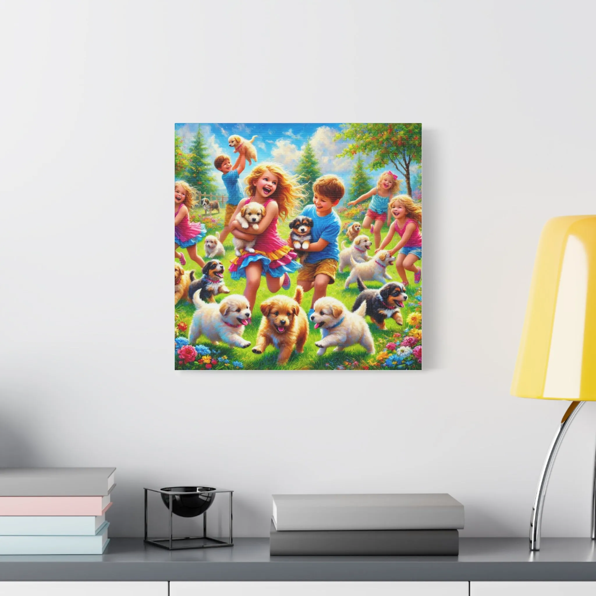 Playful Puppies Canvas Art - Joyful Kids & Dogs Design, Gifts for friends, Gifts for love ones, Home decoration, Office decoration