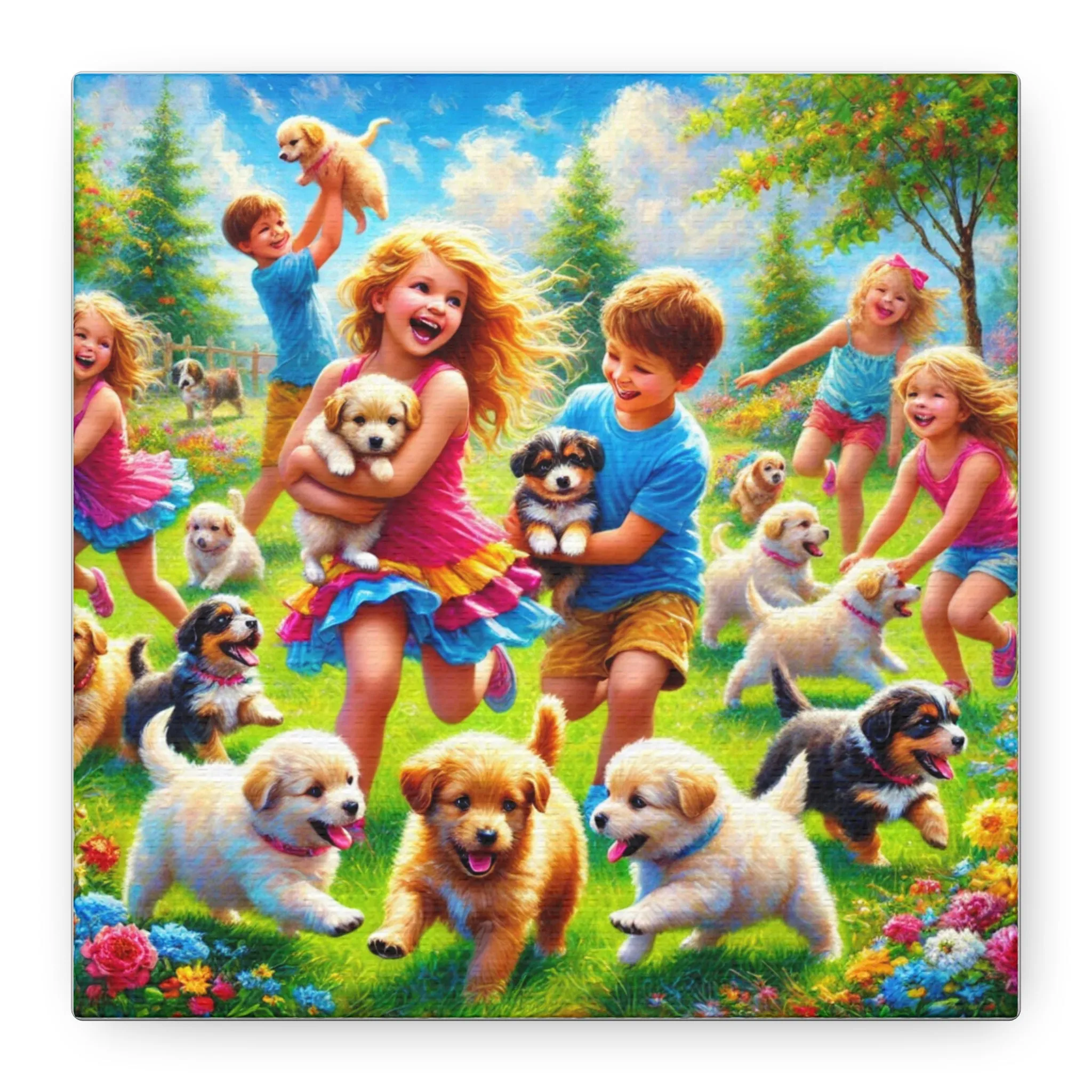 Playful Puppies Canvas Art - Joyful Kids & Dogs Design, Gifts for friends, Gifts for love ones, Home decoration, Office decoration