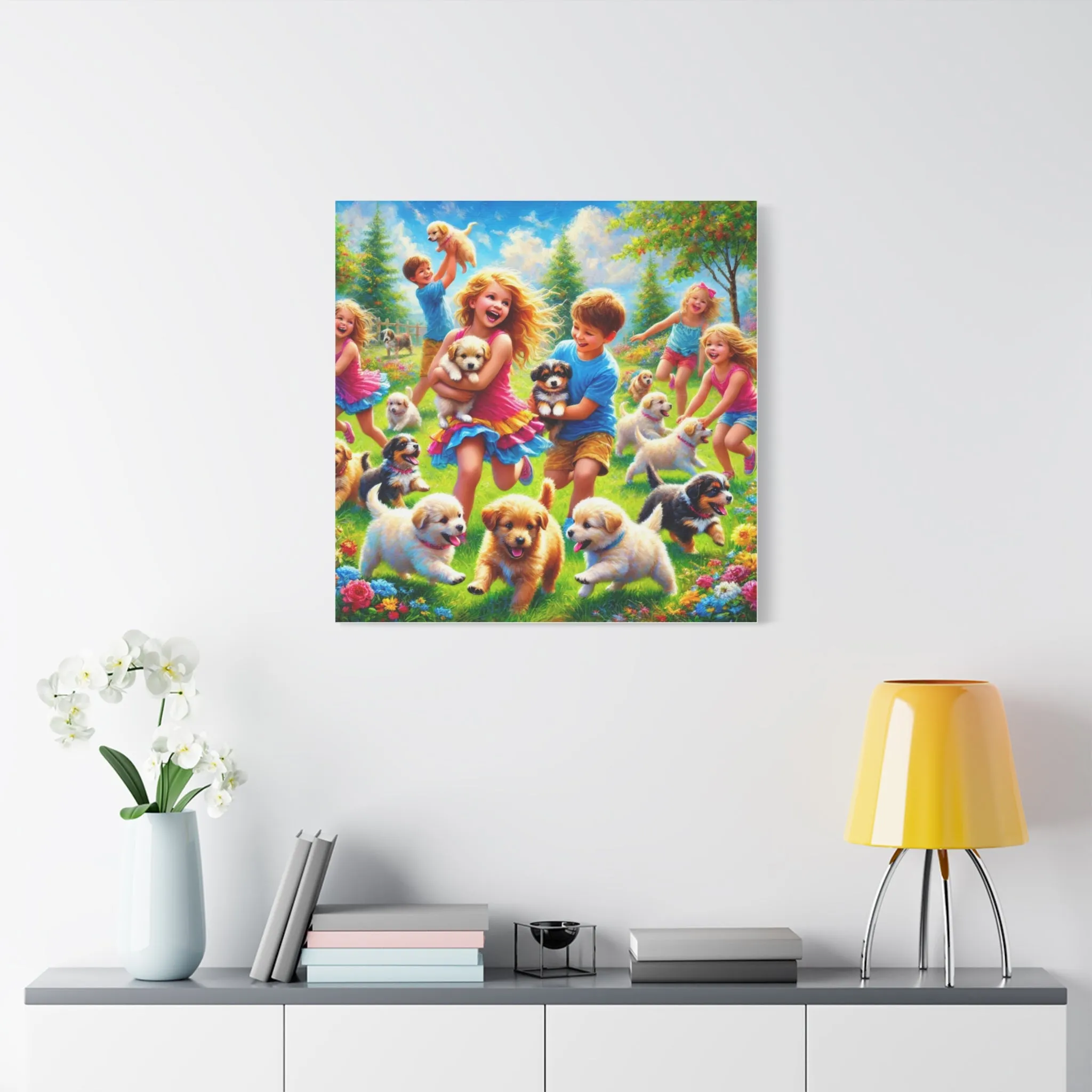 Playful Puppies Canvas Art - Joyful Kids & Dogs Design, Gifts for friends, Gifts for love ones, Home decoration, Office decoration