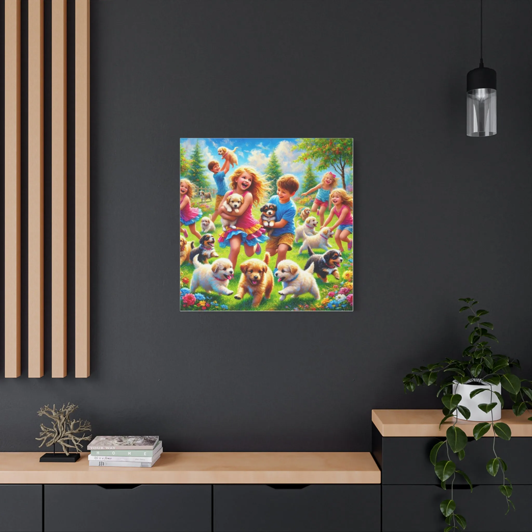 Playful Puppies Canvas Art - Joyful Kids & Dogs Design, Gifts for friends, Gifts for love ones, Home decoration, Office decoration