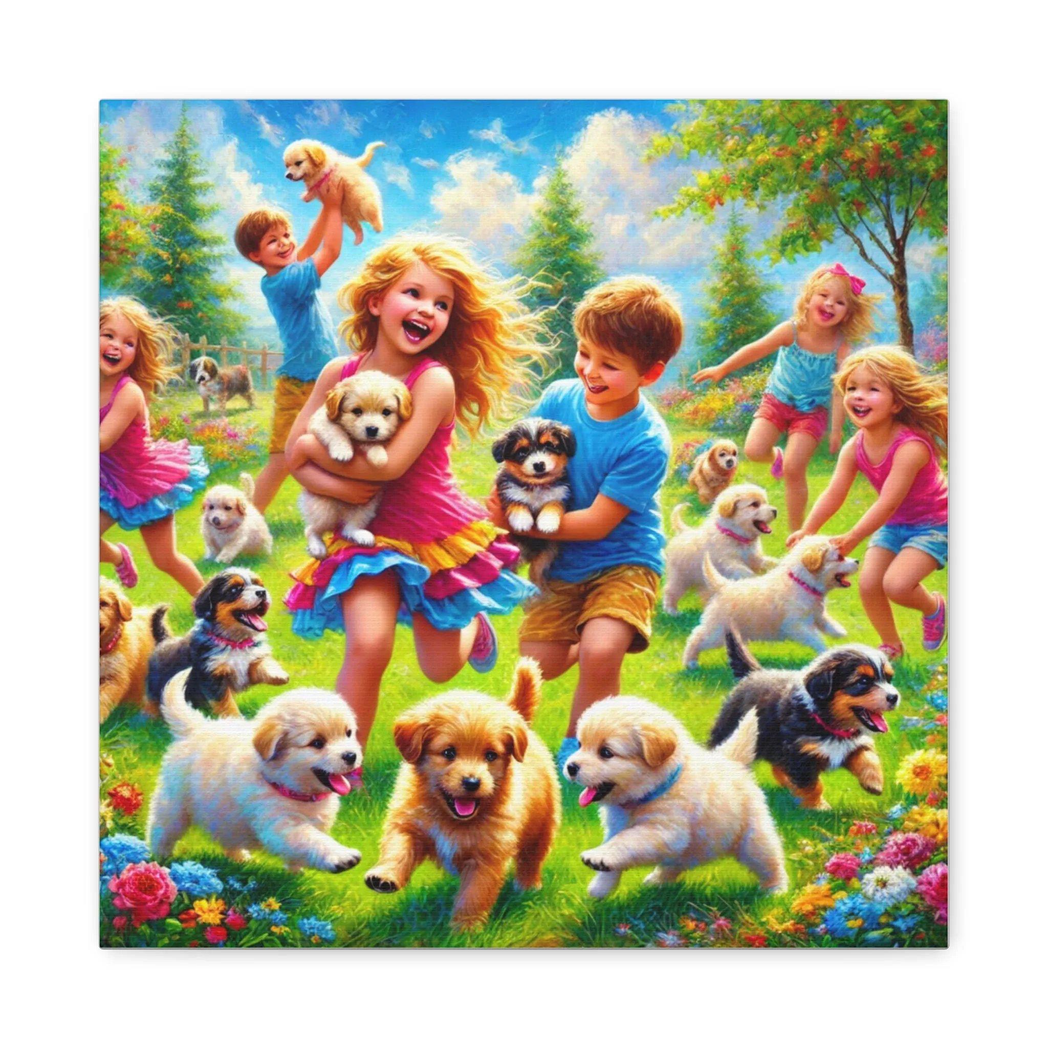 Playful Puppies Canvas Art - Joyful Kids & Dogs Design, Gifts for friends, Gifts for love ones, Home decoration, Office decoration