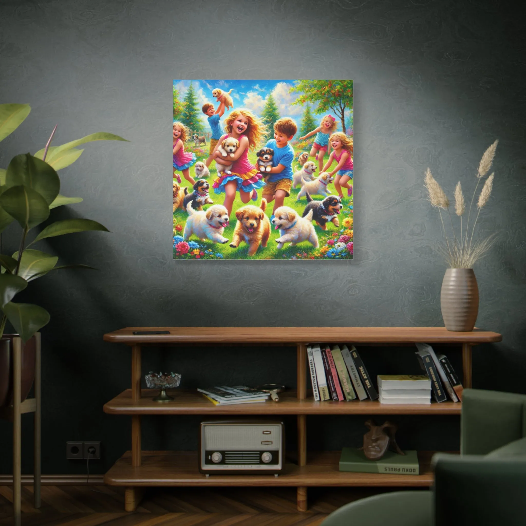 Playful Puppies Canvas Art - Joyful Kids & Dogs Design, Gifts for friends, Gifts for love ones, Home decoration, Office decoration