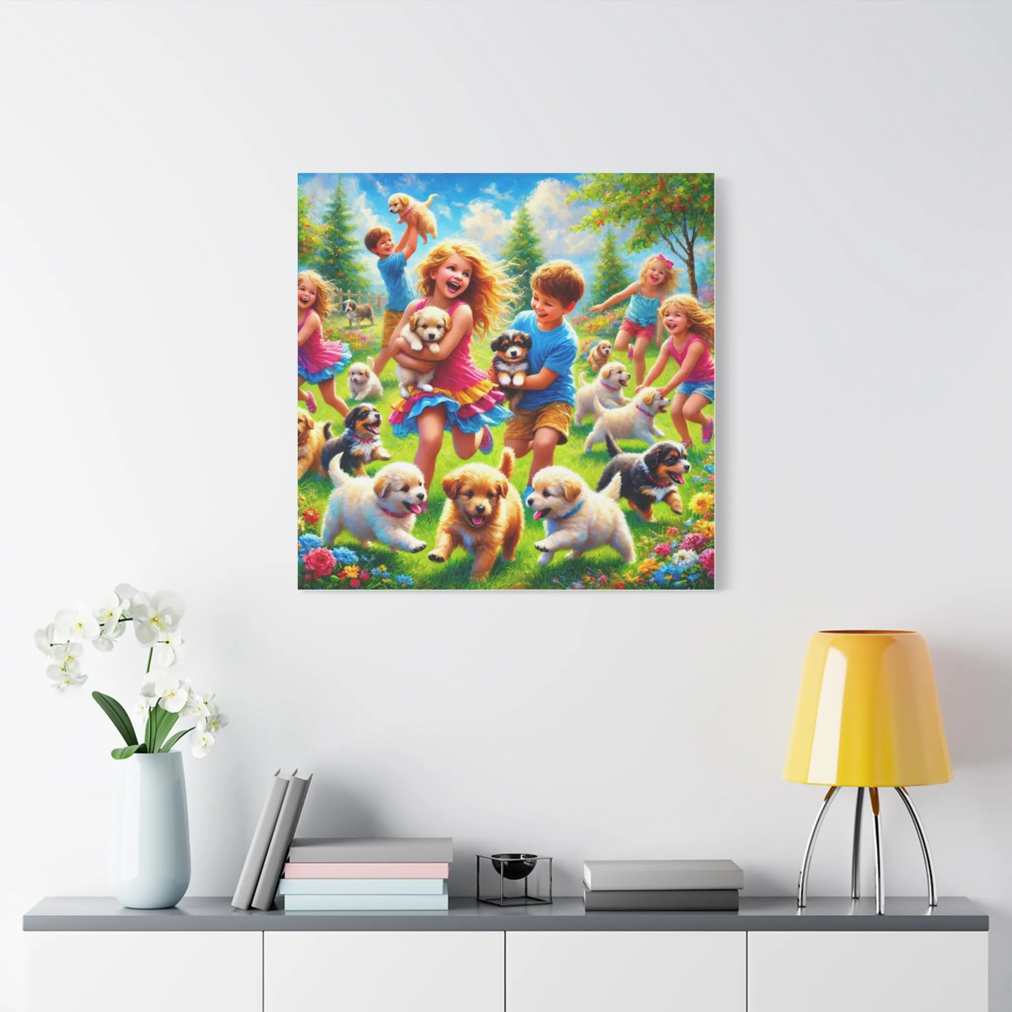 Playful Puppies Canvas Art - Joyful Kids & Dogs Design, Gifts for friends, Gifts for love ones, Home decoration, Office decoration