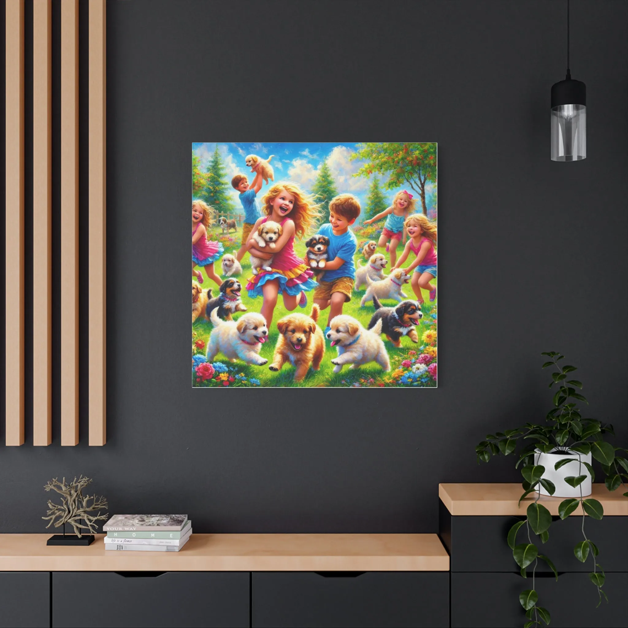 Playful Puppies Canvas Art - Joyful Kids & Dogs Design, Gifts for friends, Gifts for love ones, Home decoration, Office decoration