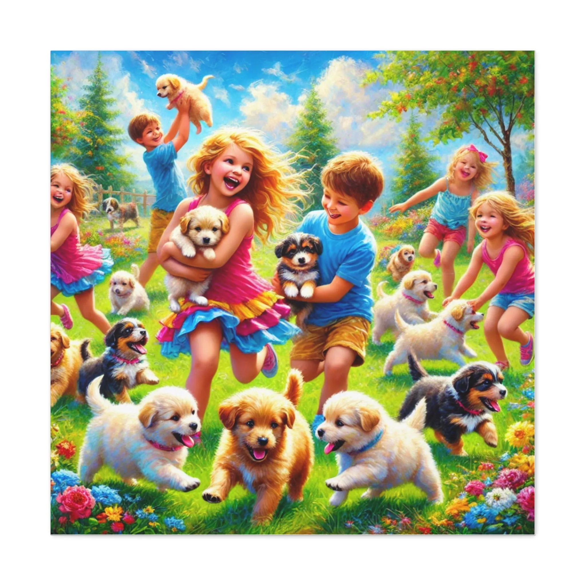 Playful Puppies Canvas Art - Joyful Kids & Dogs Design, Gifts for friends, Gifts for love ones, Home decoration, Office decoration