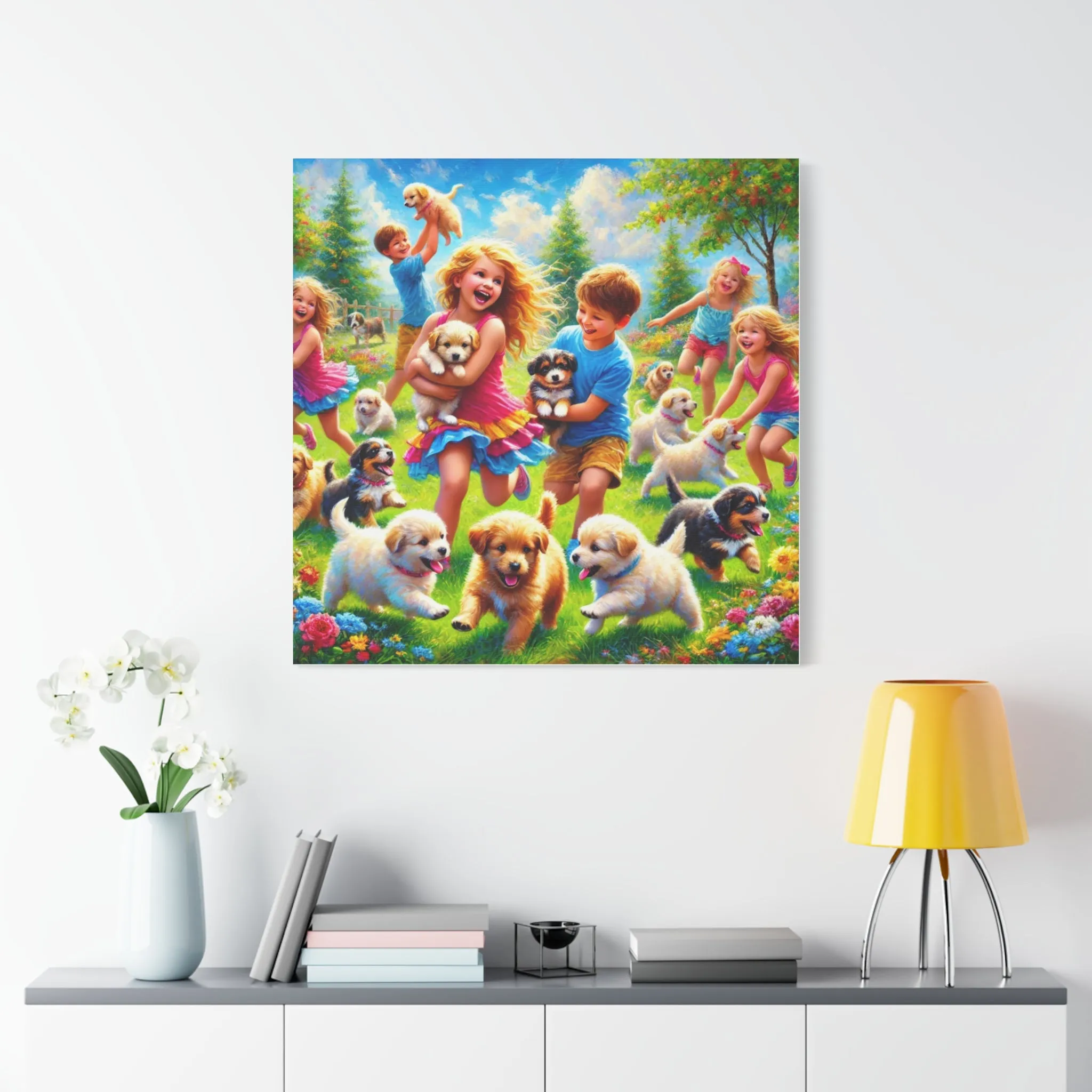 Playful Puppies Canvas Art - Joyful Kids & Dogs Design, Gifts for friends, Gifts for love ones, Home decoration, Office decoration