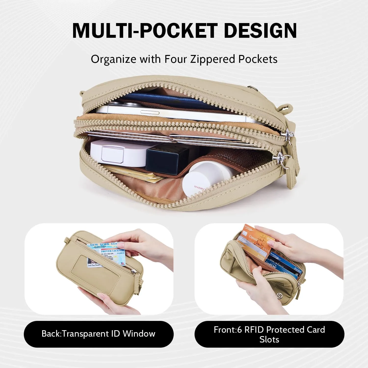 POIUGOYA Small Nylon Crossbody Bags for Women,RFID Wristlet Purse Built in Wallet, 4 Zipper Crossbody Wallet Phone Organizer