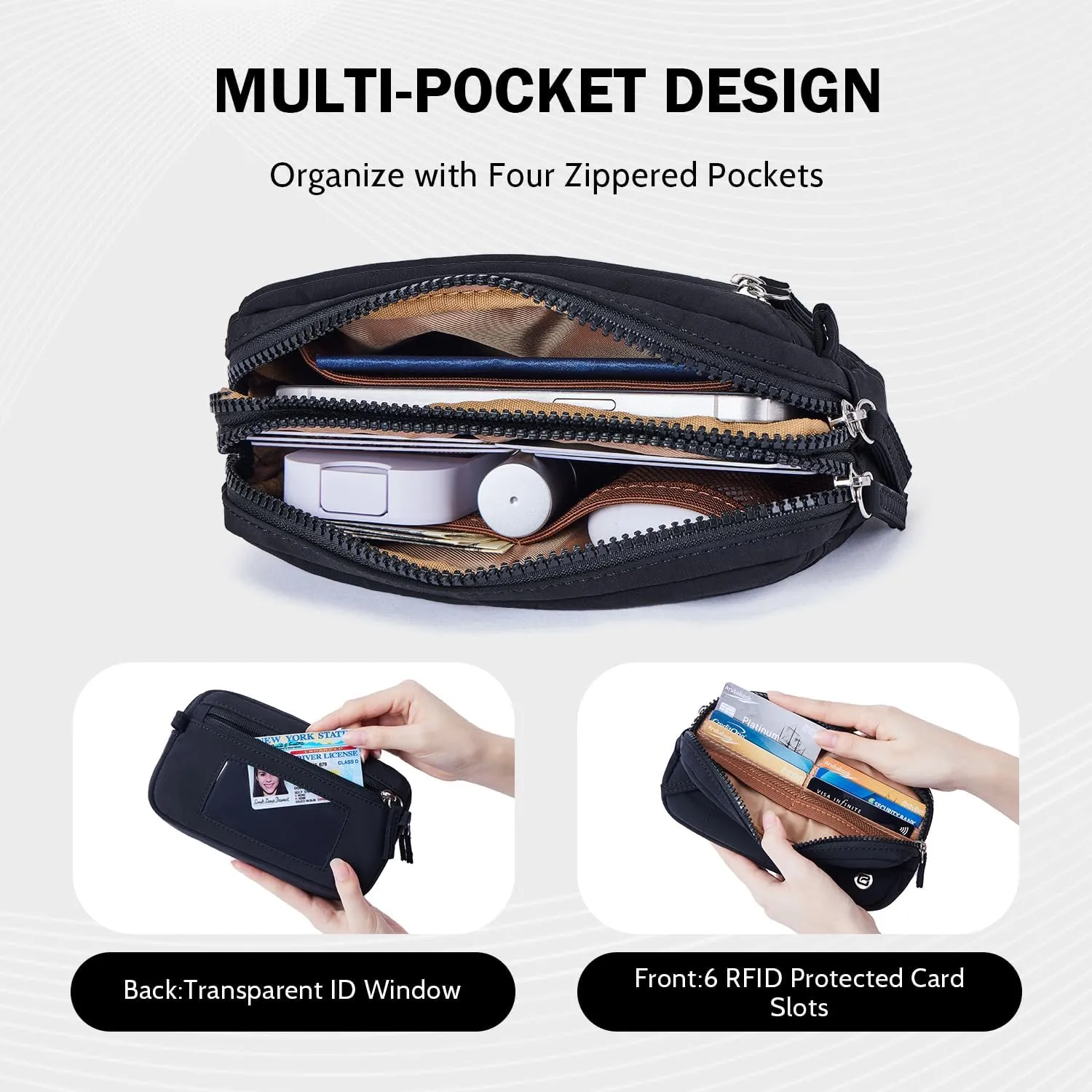 POIUGOYA Small Nylon Crossbody Bags for Women,RFID Wristlet Purse Built in Wallet, 4 Zipper Crossbody Wallet Phone Organizer