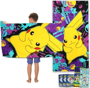 Pokemon Beach Towel Set - Bundle with 27x54 Pikachu Pool Towel Plus Pokemon Cards, Stickers, and More | Pikachu Beach Set for Kids and Adults