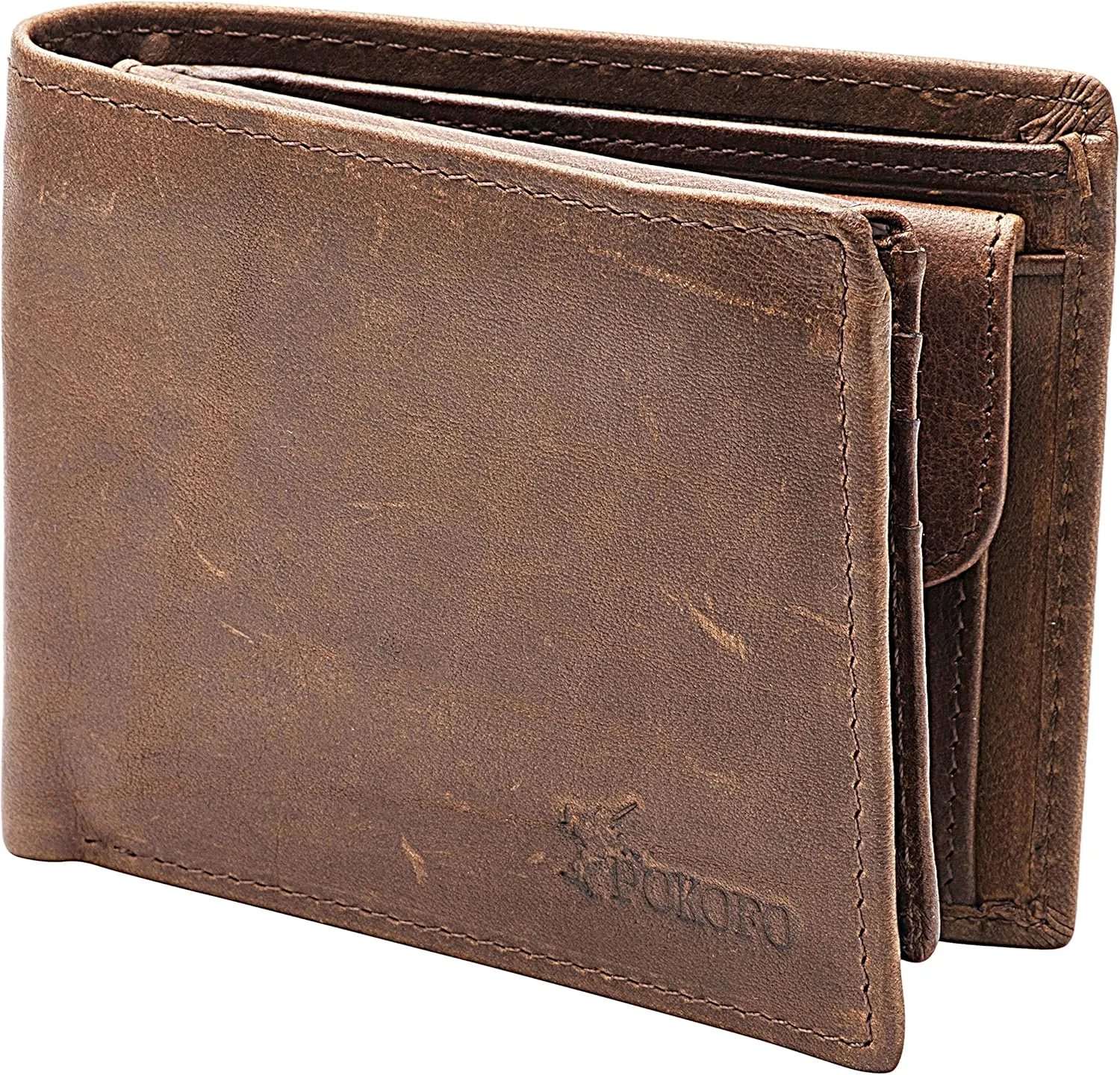 POKOFO RFID Blocking Genuine Leather Bifold Wallet for Men with Zipper and Coin Pocket
