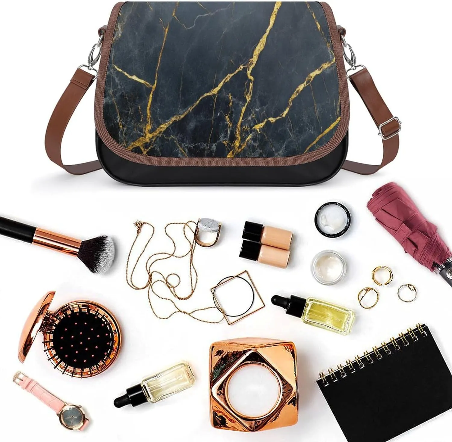 Polished Black Marble with Golden Veins Crossbody Bag Leather Crossbody Bag