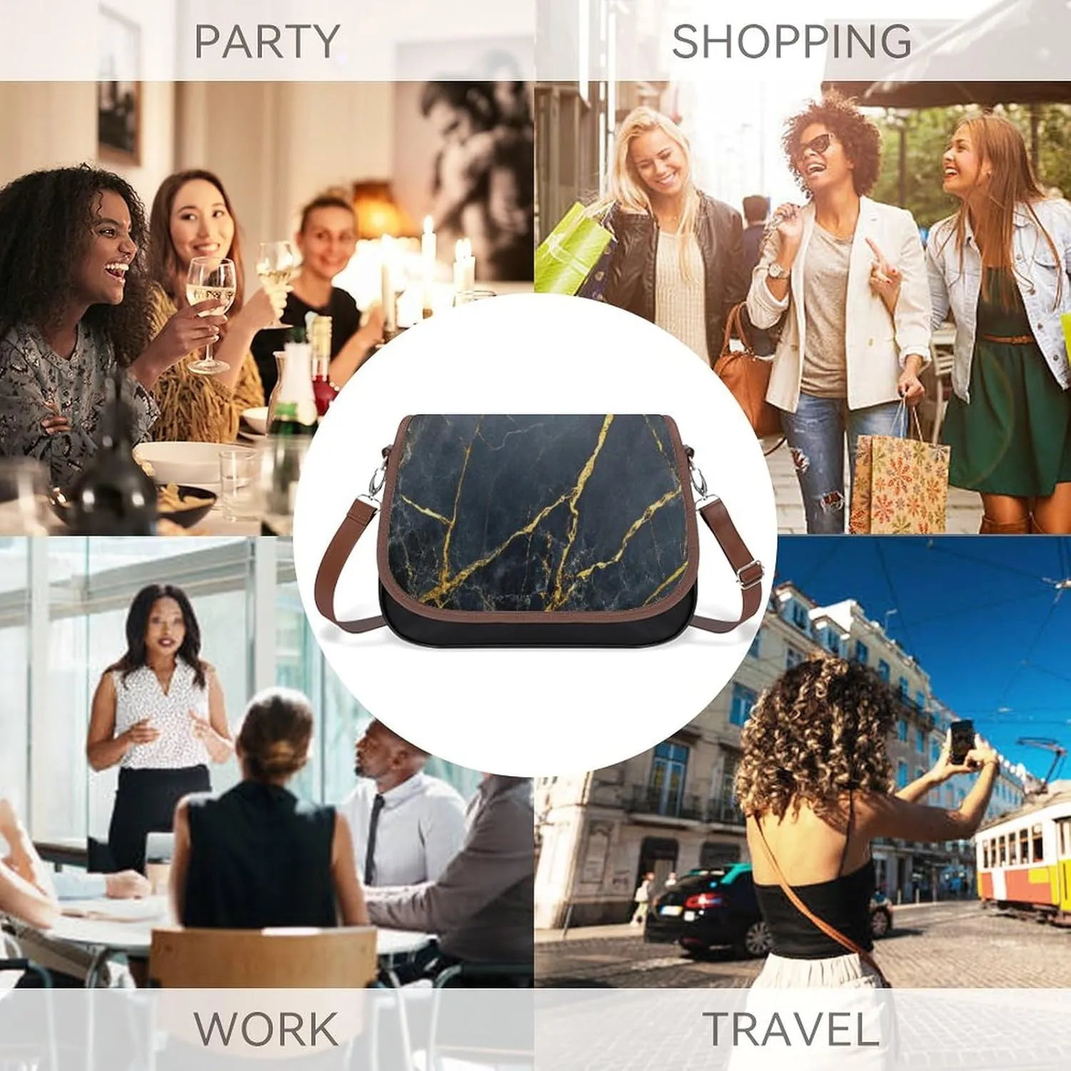 Polished Black Marble with Golden Veins Crossbody Bag Leather Crossbody Bag