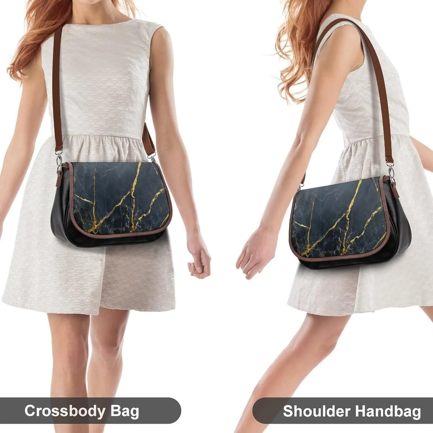 Polished Black Marble with Golden Veins Crossbody Bag Leather Crossbody Bag