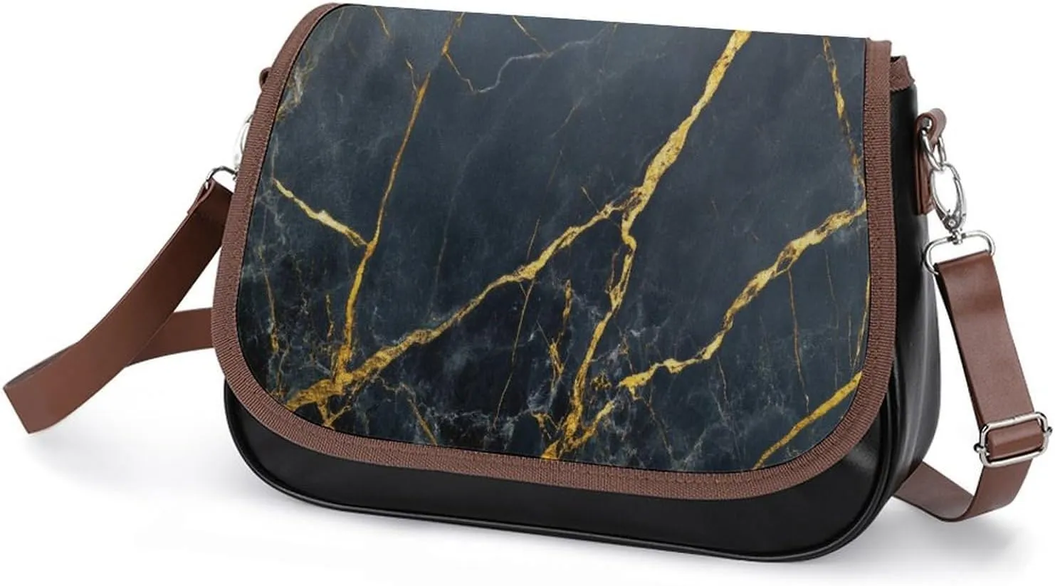 Polished Black Marble with Golden Veins Crossbody Bag Leather Crossbody Bag