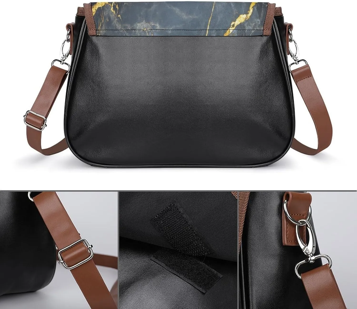 Polished Black Marble with Golden Veins Crossbody Bag Leather Crossbody Bag
