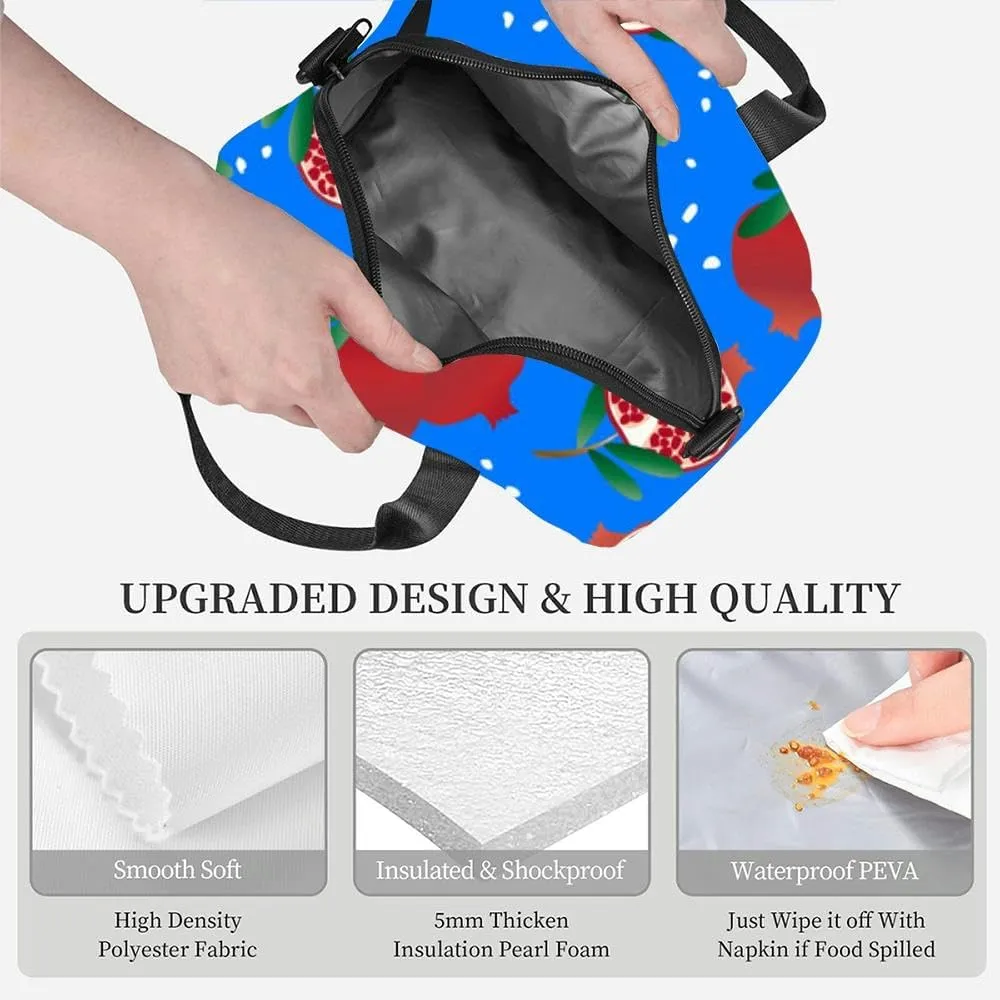 Pomegranates leaves a blue cute fruits textile Insulated Adult Lunch Bag with Shoulder Strap for Women Lightweight Reusable Portable Freezable Lunch Tote Bag for Work Picnic