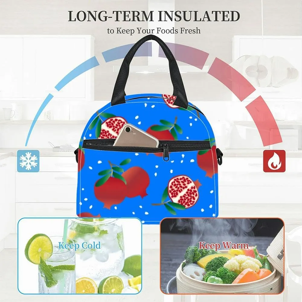 Pomegranates leaves a blue cute fruits textile Insulated Adult Lunch Bag with Shoulder Strap for Women Lightweight Reusable Portable Freezable Lunch Tote Bag for Work Picnic