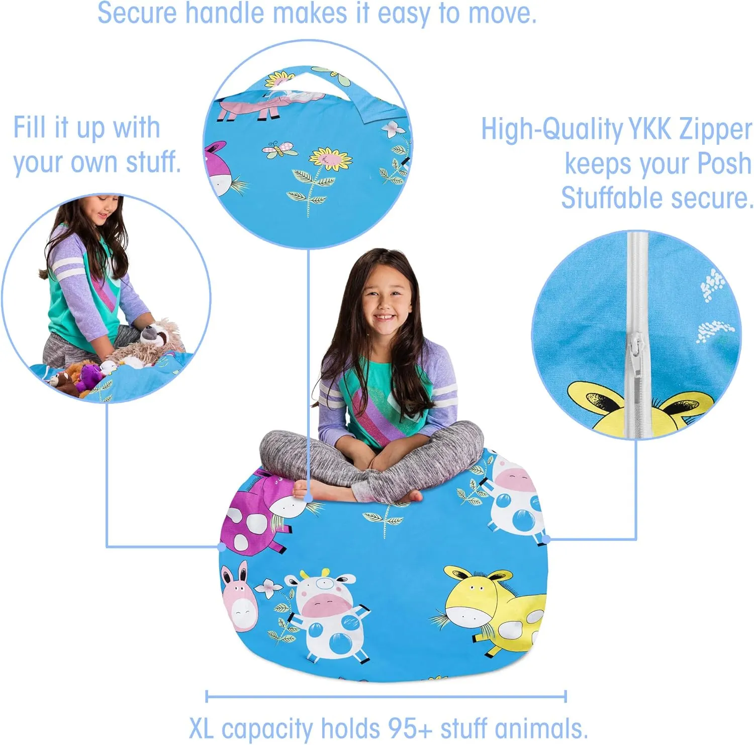 Posh Stuffable Kids Stuffed Animal Storage Bean Bag Chair Cover - Childrens Toy Organizer, Large 38" - Canvas Farm Blue