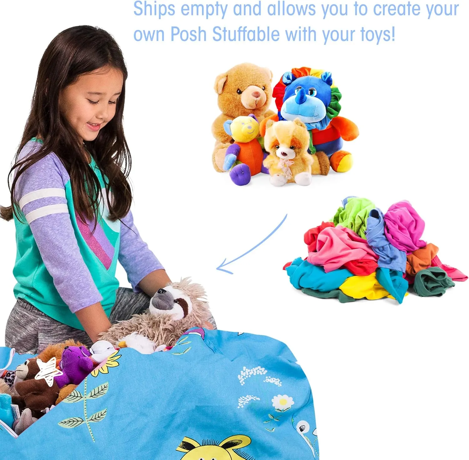 Posh Stuffable Kids Stuffed Animal Storage Bean Bag Chair Cover - Childrens Toy Organizer, Large 38" - Canvas Farm Blue
