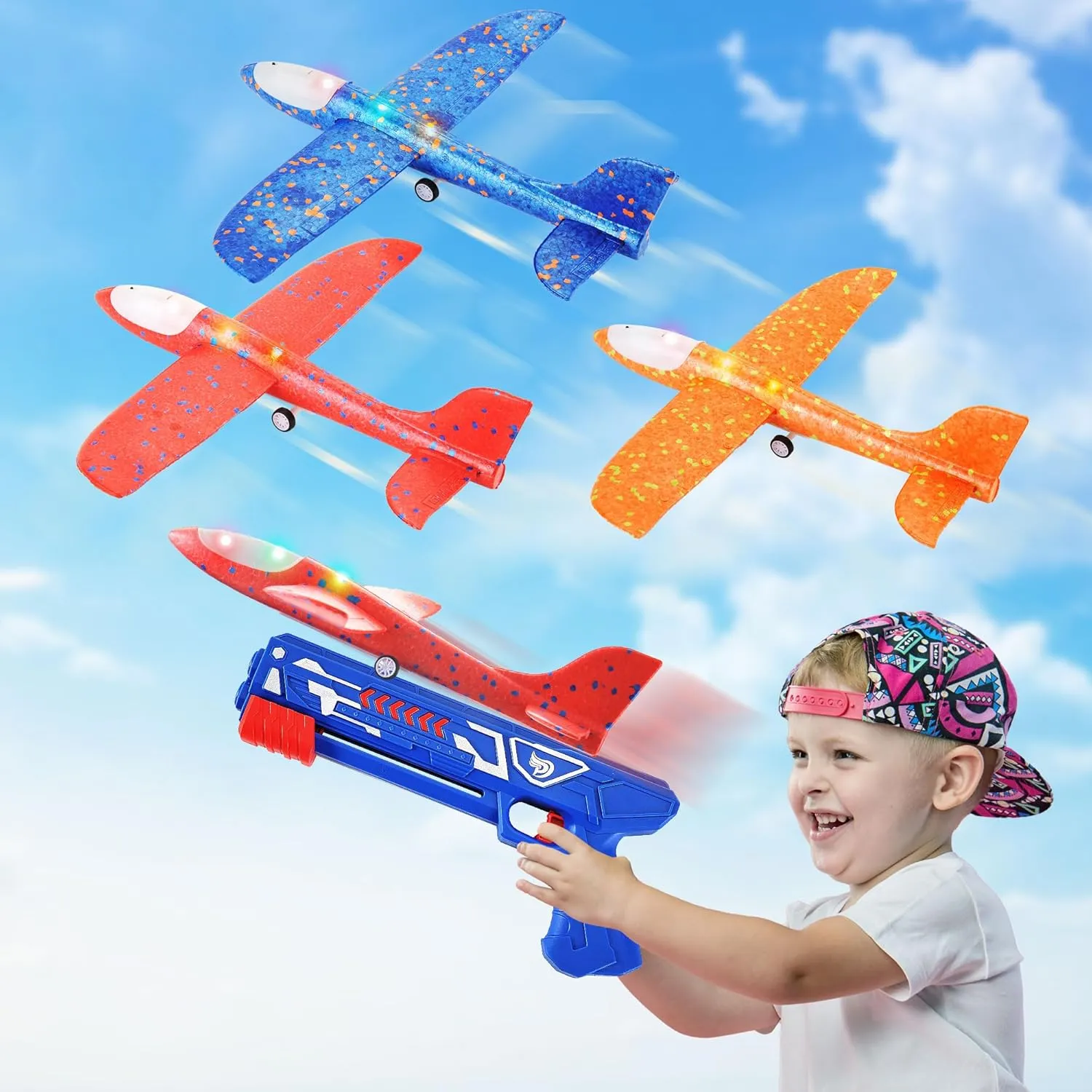 PowerTRC 3 Pack Airplane Launcher Toys, 13.8” LED Catapult Foam Glider Plane Toy for Boys, 2 Flight Modes Outdoor Sport Flying Toys for Kids
