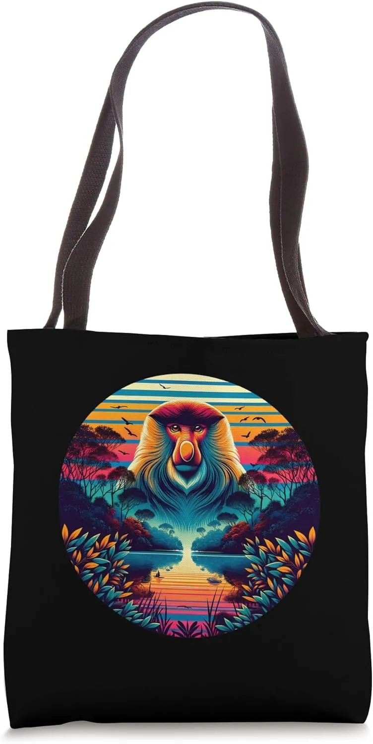 Proboscis Monkey Sunset Retro Style Safari Vintage 70s Tote Bag