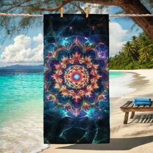 Psychedelic Mandala Microfiber Beach Towel Vibrant Cosmic Pattern Quick Dry Absorbent Sand Free Lightweight Beach Blanket Vacation Picnic Essentials 70x35 Inch
