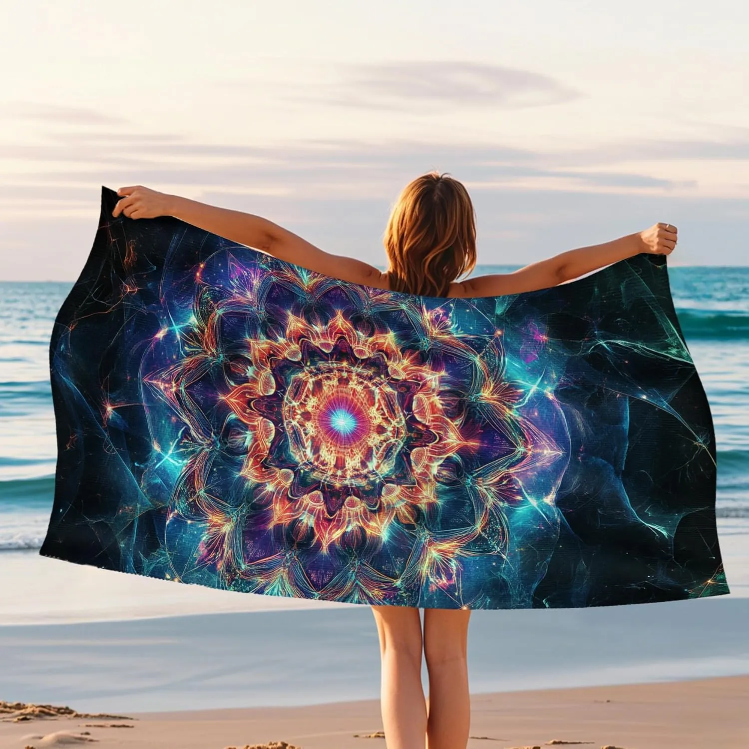 Psychedelic Mandala Microfiber Beach Towel Vibrant Cosmic Pattern Quick Dry Absorbent Sand Free Lightweight Beach Blanket Vacation Picnic Essentials 70x35 Inch