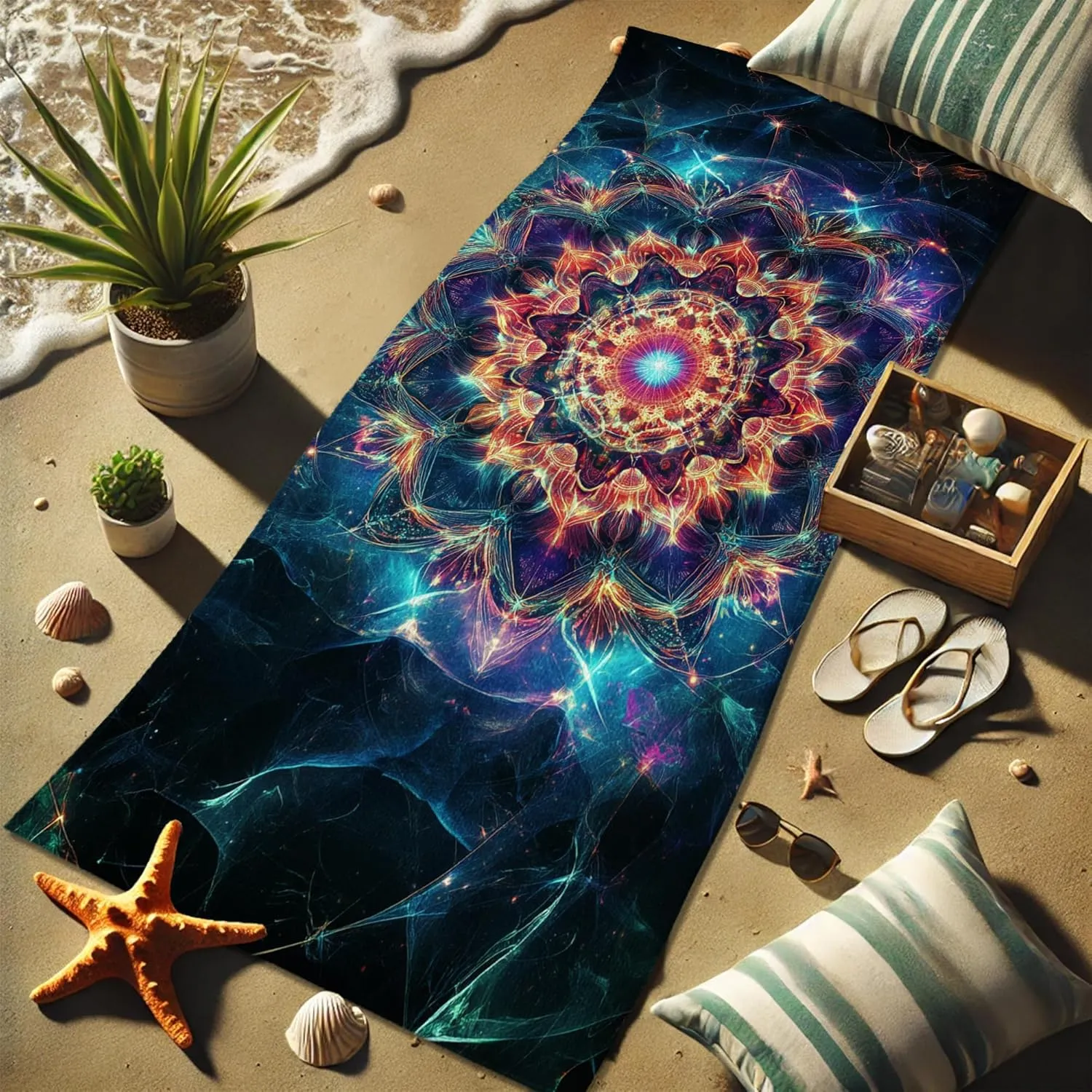 Psychedelic Mandala Microfiber Beach Towel Vibrant Cosmic Pattern Quick Dry Absorbent Sand Free Lightweight Beach Blanket Vacation Picnic Essentials 70x35 Inch