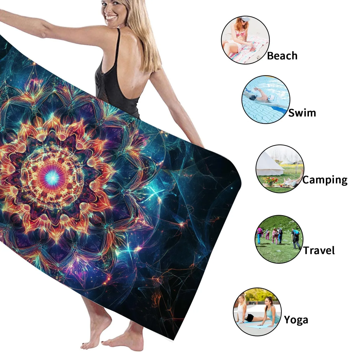 Psychedelic Mandala Microfiber Beach Towel Vibrant Cosmic Pattern Quick Dry Absorbent Sand Free Lightweight Beach Blanket Vacation Picnic Essentials 70x35 Inch
