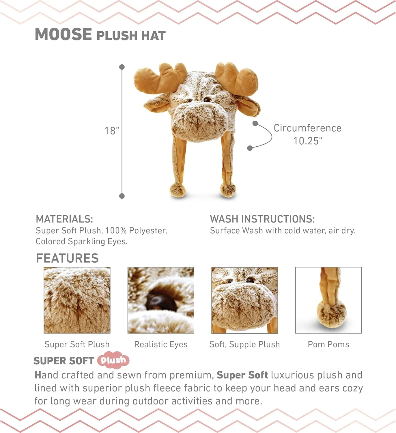 Puzzled Brown Moose Plush Hat - Super Soft Warm Hat With Ear Flaps, Cozy Fleece Winter Hat For Kids & Teens - One Size