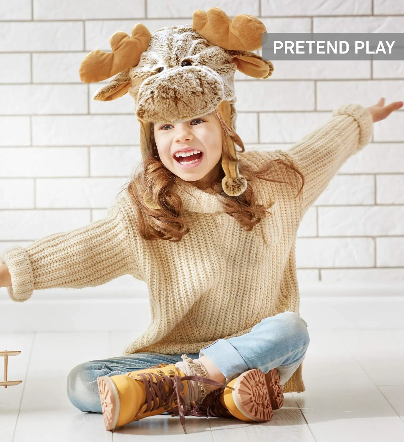 Puzzled Brown Moose Plush Hat - Super Soft Warm Hat With Ear Flaps, Cozy Fleece Winter Hat For Kids & Teens - One Size