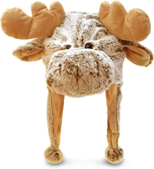 Puzzled Brown Moose Plush Hat - Super Soft Warm Hat With Ear Flaps, Cozy Fleece Winter Hat For Kids & Teens - One Size