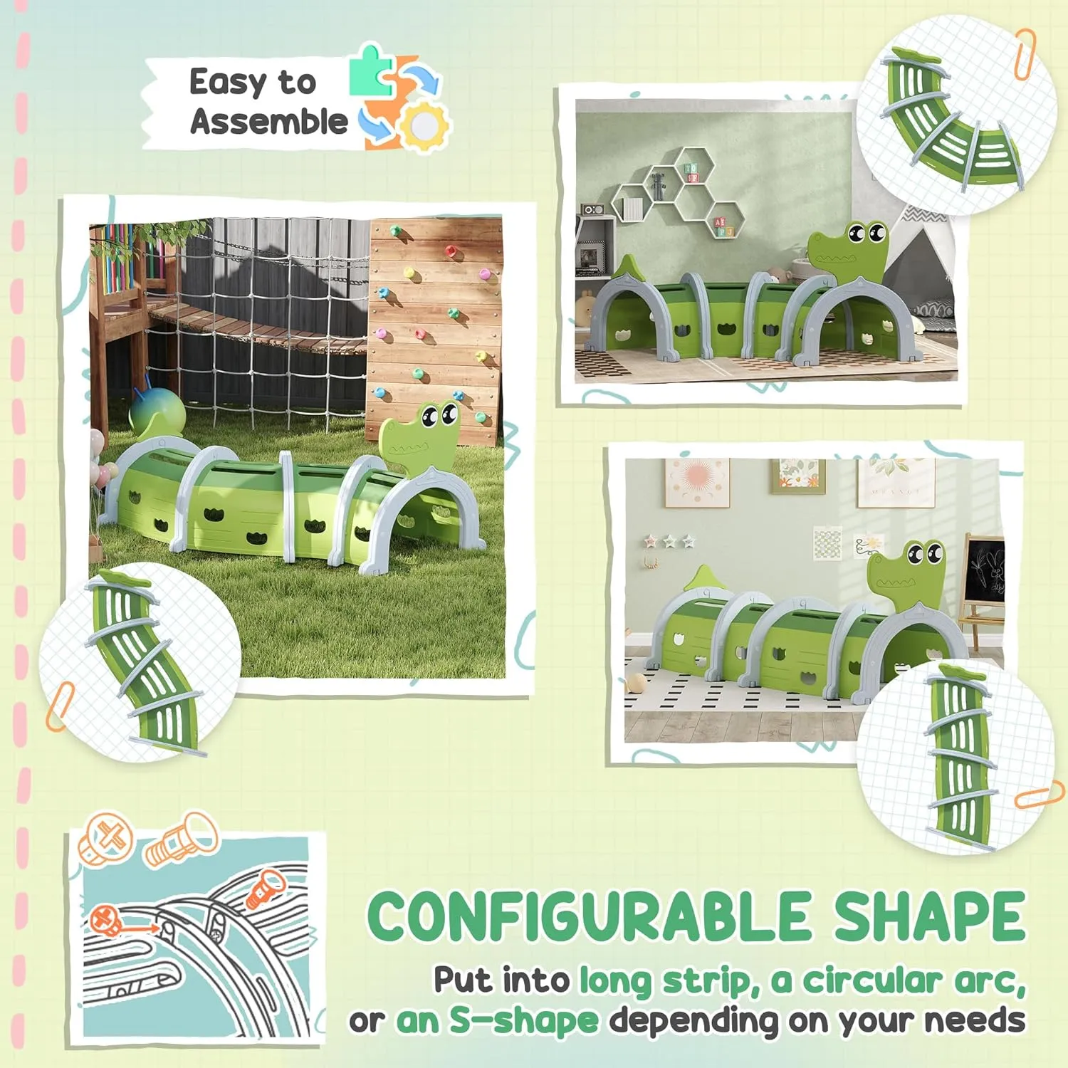 Qaba Crocodile Kids Play Tunnel, Toddler Tunnel for Kids 3-6 to Crawl and Climb Through, Play Equipment for Indoor or Outdoor Playground, 4 Sections, Green