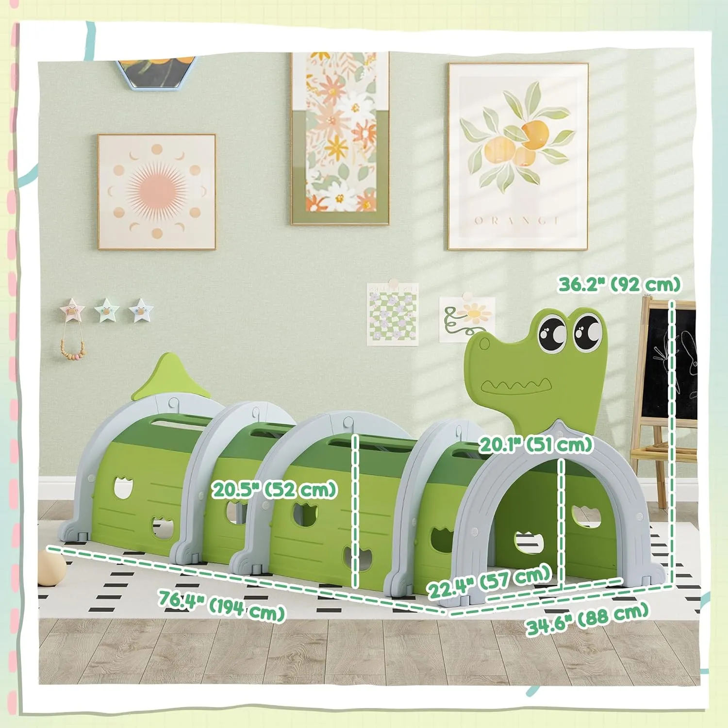 Qaba Crocodile Kids Play Tunnel, Toddler Tunnel for Kids 3-6 to Crawl and Climb Through, Play Equipment for Indoor or Outdoor Playground, 4 Sections, Green