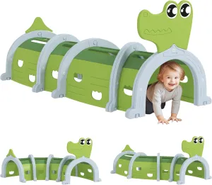 Qaba Crocodile Kids Play Tunnel, Toddler Tunnel for Kids 3-6 to Crawl and Climb Through, Play Equipment for Indoor or Outdoor Playground, 4 Sections, Green