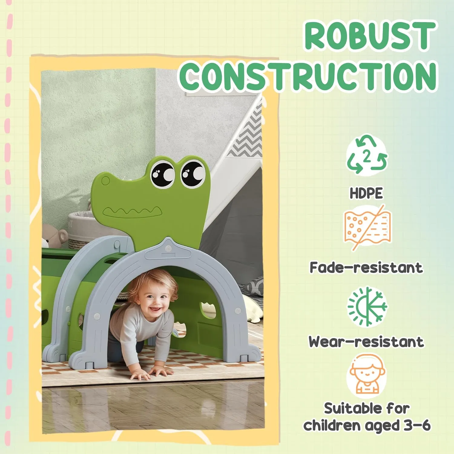 Qaba Crocodile Kids Play Tunnel, Toddler Tunnel for Kids 3-6 to Crawl and Climb Through, Play Equipment for Indoor or Outdoor Playground, 4 Sections, Green
