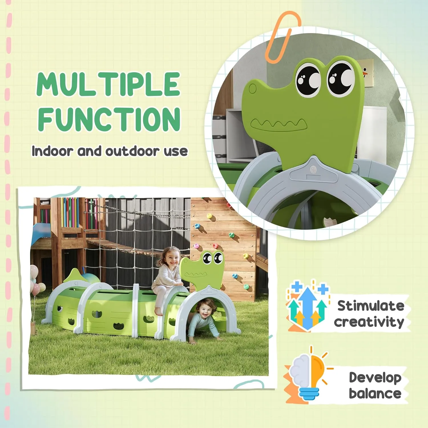 Qaba Crocodile Kids Play Tunnel, Toddler Tunnel for Kids 3-6 to Crawl and Climb Through, Play Equipment for Indoor or Outdoor Playground, 4 Sections, Green