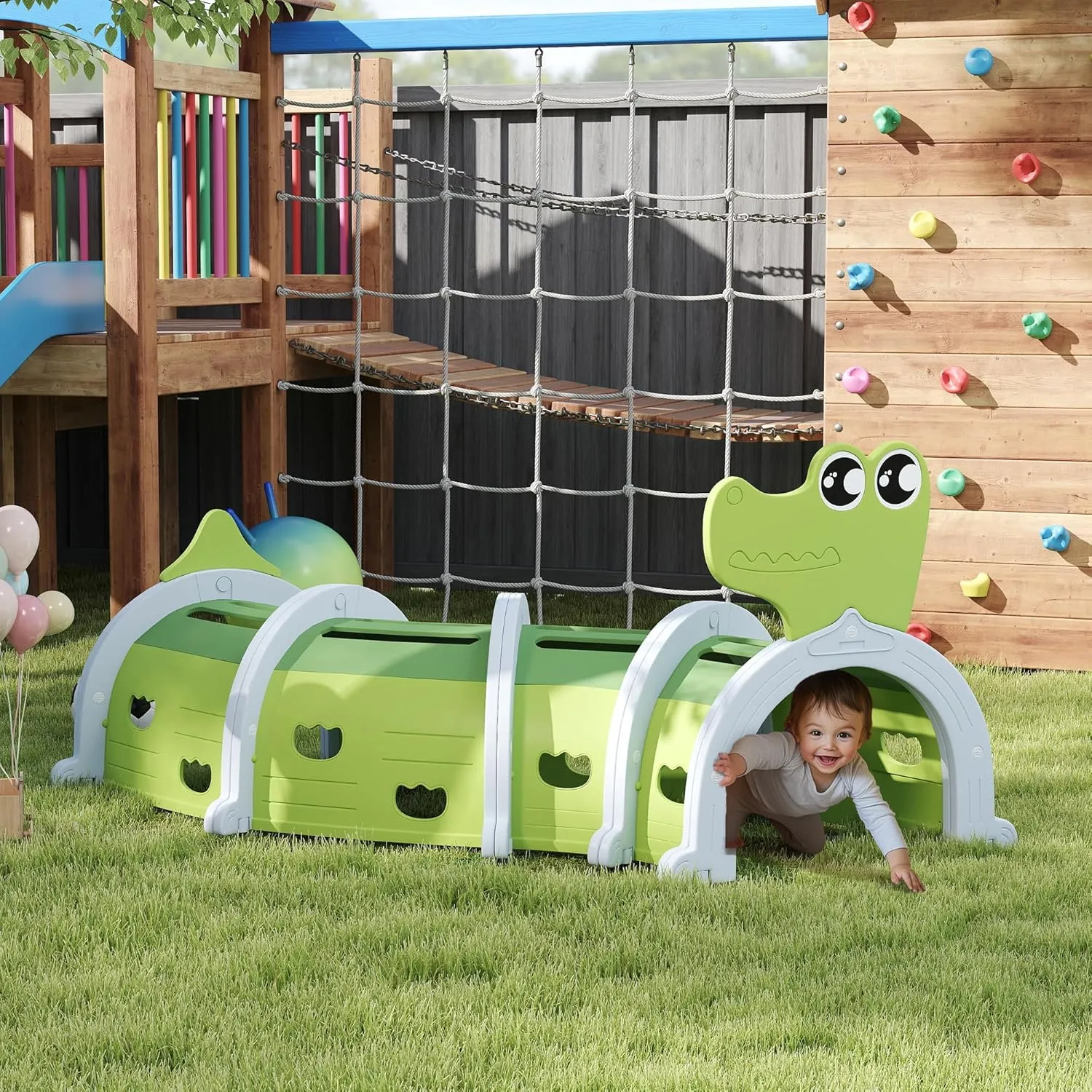 Qaba Crocodile Kids Play Tunnel, Toddler Tunnel for Kids 3-6 to Crawl and Climb Through, Play Equipment for Indoor or Outdoor Playground, 4 Sections, Green