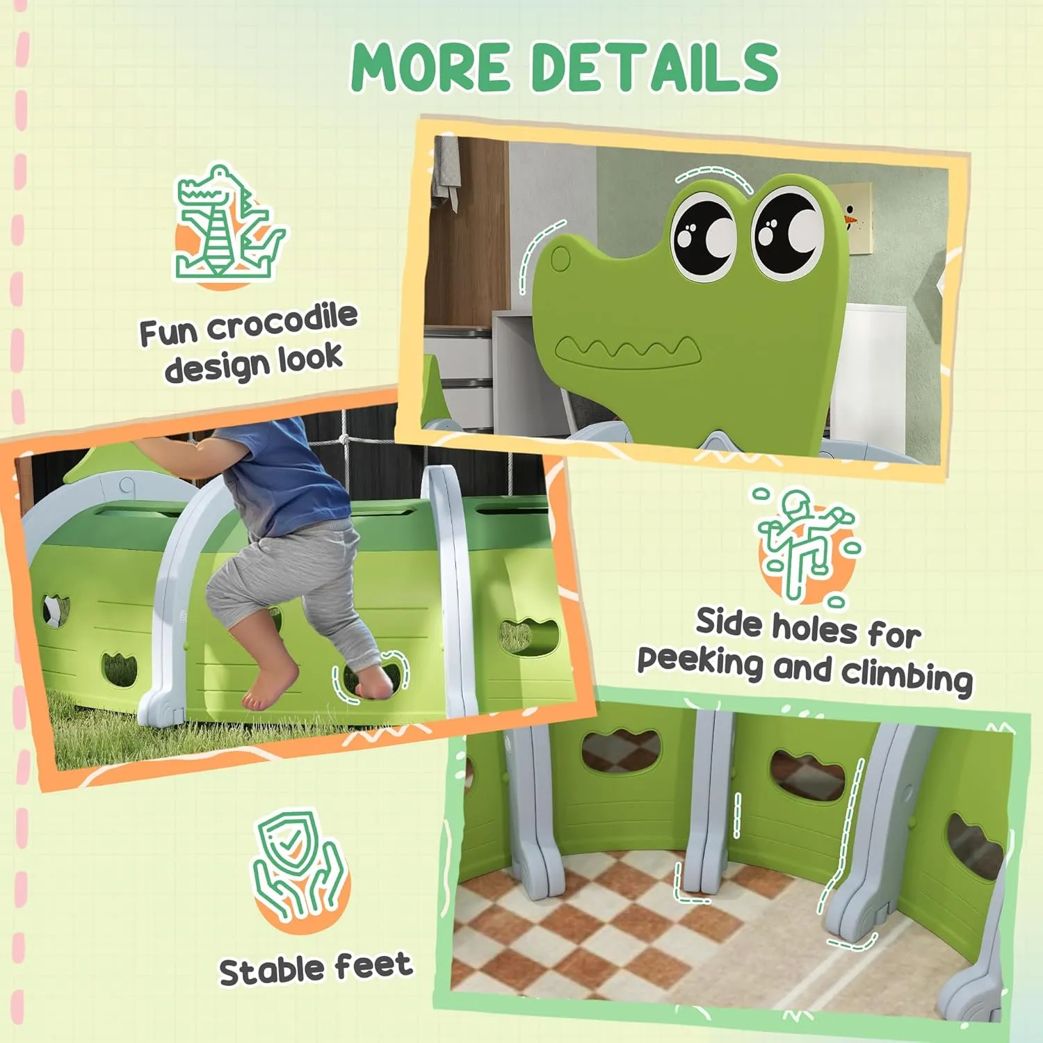 Qaba Crocodile Kids Play Tunnel, Toddler Tunnel for Kids 3-6 to Crawl and Climb Through, Play Equipment for Indoor or Outdoor Playground, 4 Sections, Green