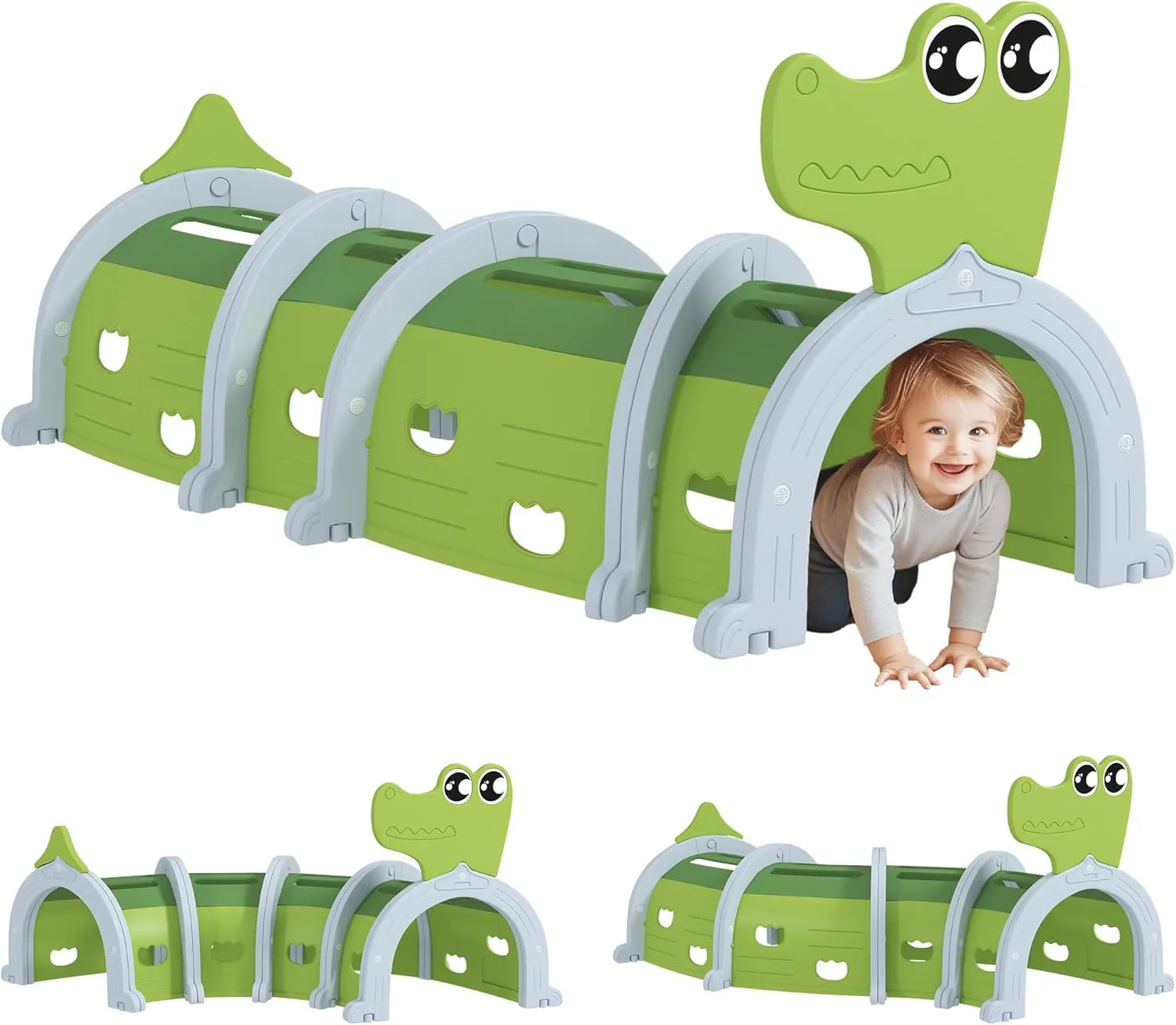 Qaba Crocodile Kids Play Tunnel, Toddler Tunnel for Kids 3-6 to Crawl and Climb Through, Play Equipment for Indoor or Outdoor Playground, 4 Sections, Green