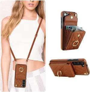 QLTYPRI Crossbody Wallet Case for Samsung Galaxy S24 FE, PU Leather Phone Case with RFID Blocking Card Slots Holder Ring Kickstand Wrist Strap Lanyard Handbag Purse Cover for Samsung S24 FE - Brown