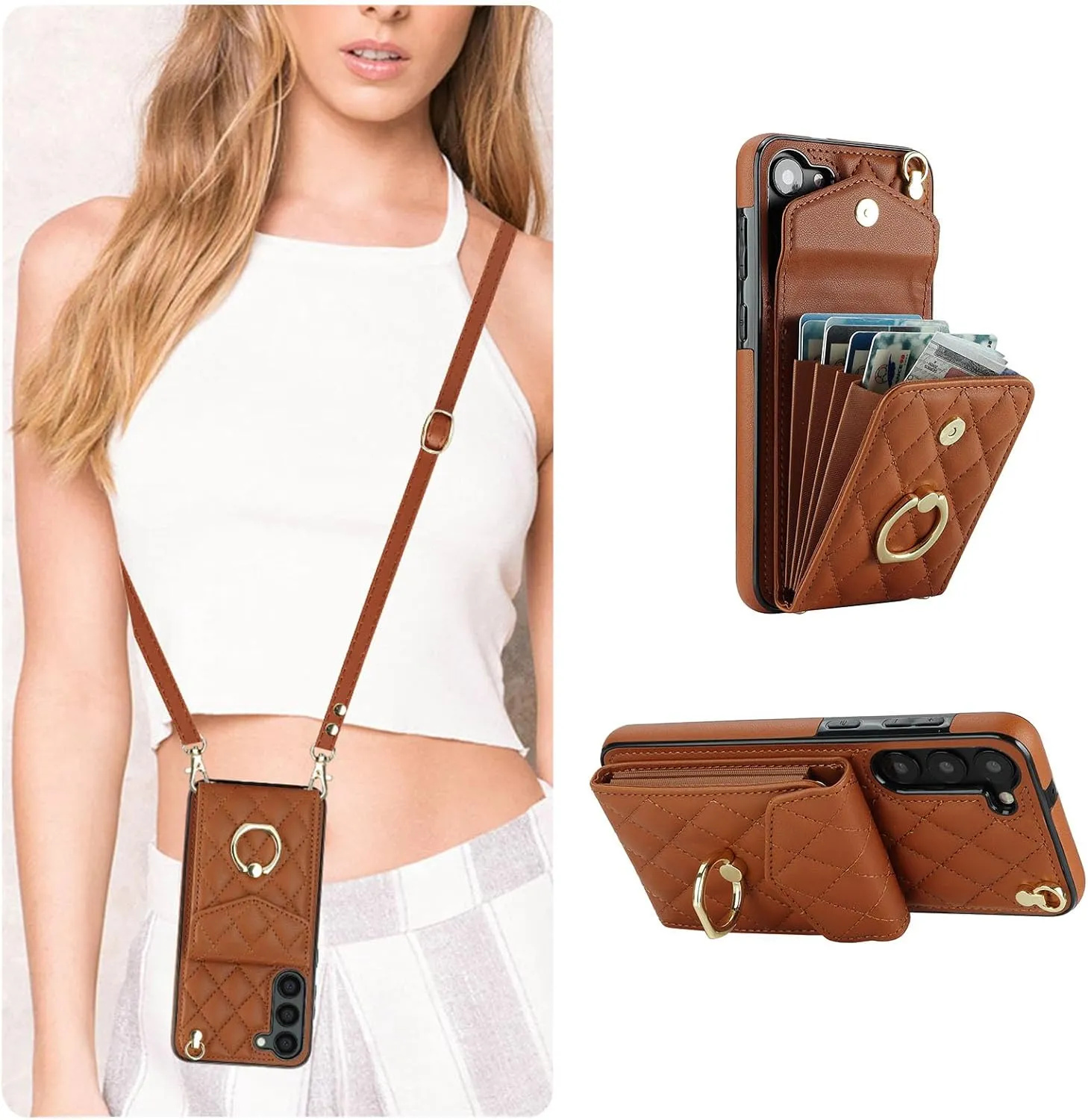 QLTYPRI Crossbody Wallet Case for Samsung Galaxy S24 FE, PU Leather Phone Case with RFID Blocking Card Slots Holder Ring Kickstand Wrist Strap Lanyard Handbag Purse Cover for Samsung S24 FE - Brown