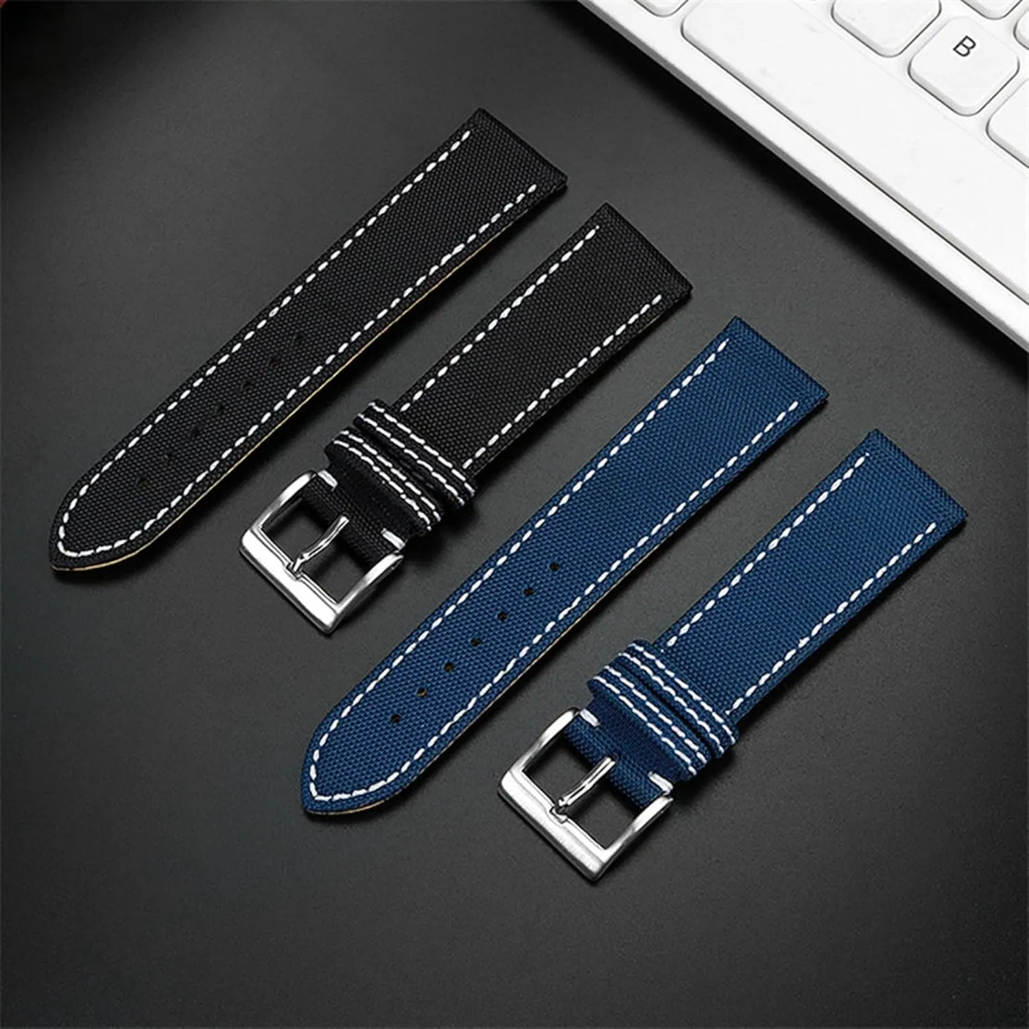 Quick Release Watch Strap Watch Band, 22mm/24mm Men Nylon Genuine Leather Splicing Watch Strap for Diving Sports Smart Watch