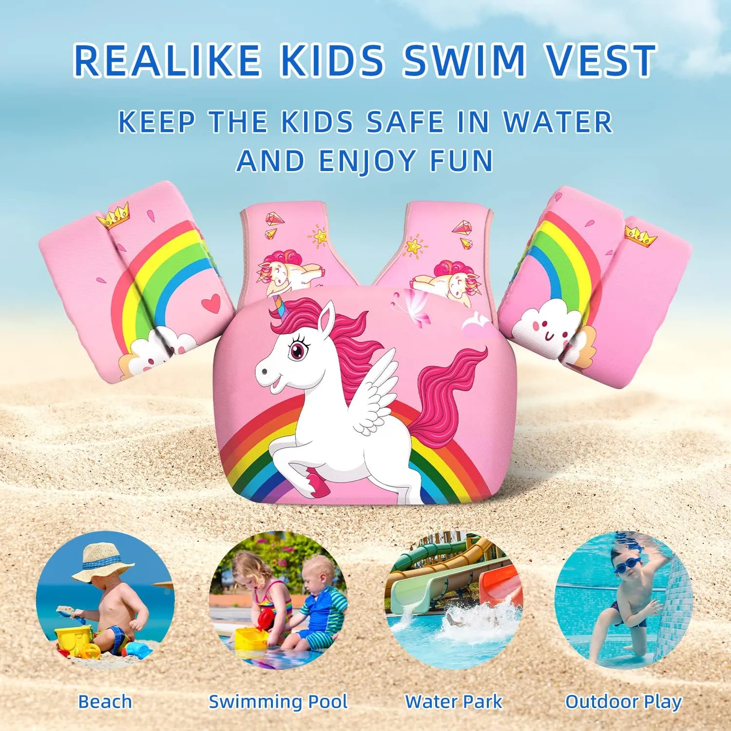 REALIKE Kids Swim Vest for Toddler Floaties Swimming Aids with Shoulder Harness Arm Wings for Children/Infant/Baby,Sea Beach/Pool/Lake, Suitable for 28-70lbs Boys/Girls