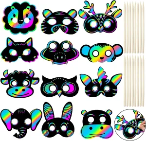 Realspring 60 Pcs Jungle Animal Themed Scratch Paper Mask for Craft Paper Mask DIY Craft Kit for Dress up Jungle Animal Party Favor DIY Decorations Party Supplies Activity Coloring