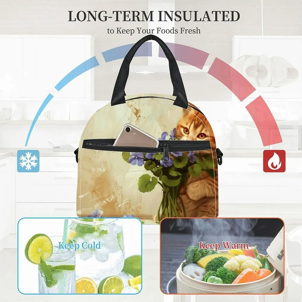 Red little cute cat a bouquet flowers copy space Insulated Adult Lunch Bag with Shoulder Strap for Women Lightweight Reusable Portable Freezable Lunch Tote Bag for Work Picnic