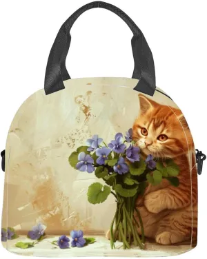 Red little cute cat a bouquet flowers copy space Insulated Adult Lunch Bag with Shoulder Strap for Women Lightweight Reusable Portable Freezable Lunch Tote Bag for Work Picnic