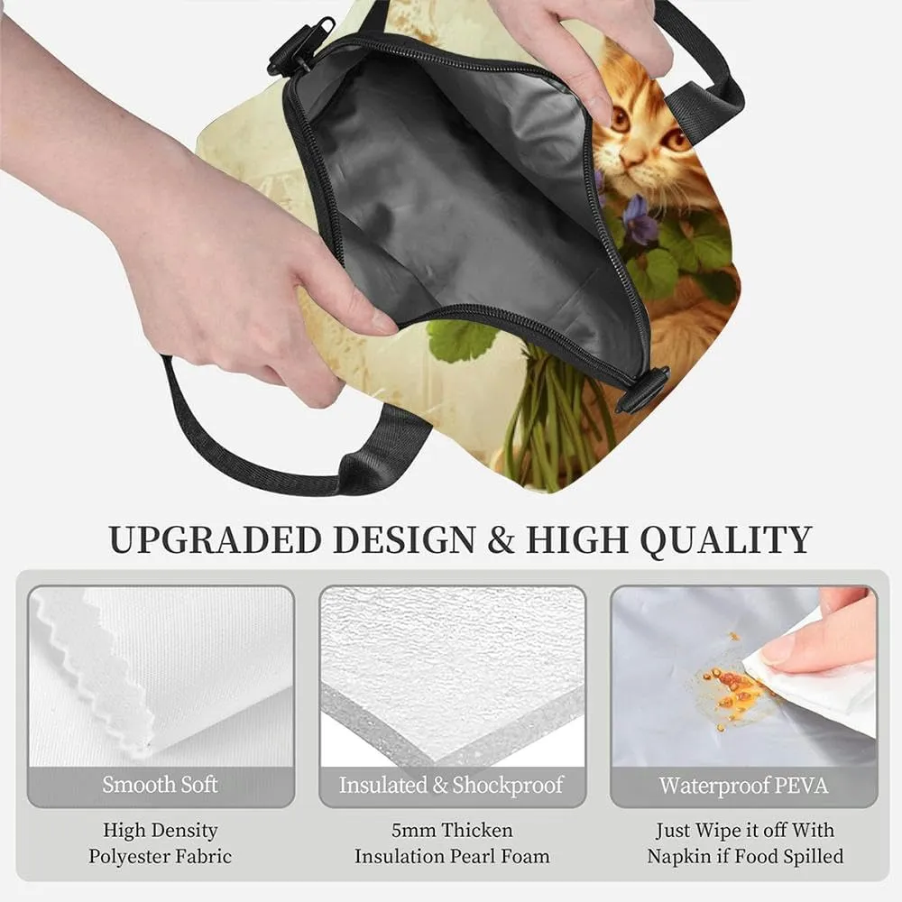 Red little cute cat a bouquet flowers copy space Insulated Adult Lunch Bag with Shoulder Strap for Women Lightweight Reusable Portable Freezable Lunch Tote Bag for Work Picnic