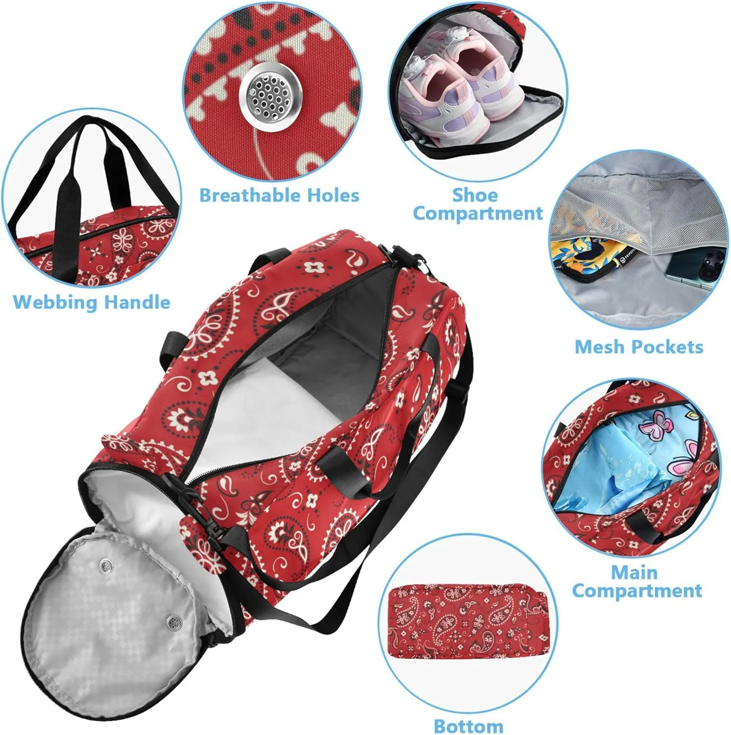 Red Paisley Ornament Small Gym Bag with Shoes Compartment Lightweight Overnight Travel Weekender Tote for Travel, Sports, Duffel, Weekender