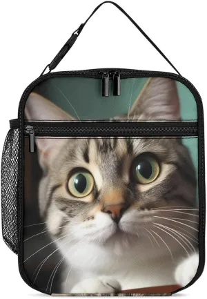 Reusable Lunch Bag for Women Men Insulated Lunch Box A Curious Cat Lunch Tote Bags Leakproof Cooler Bag Portable Lunch Container for Travel Picnic Office